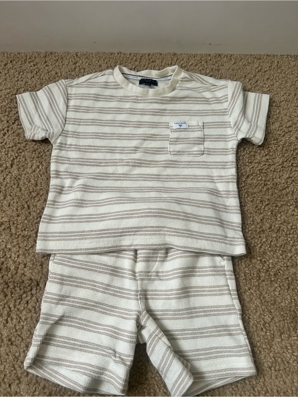 Tahari Cream and Tan Striped Kids Pajama Set